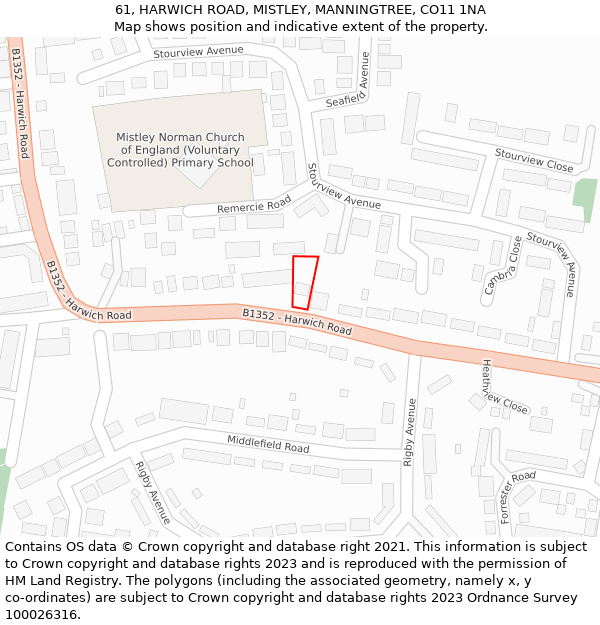 61, HARWICH ROAD, MISTLEY, MANNINGTREE, CO11 1NA: Location map and indicative extent of plot