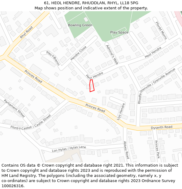 61, HEOL HENDRE, RHUDDLAN, RHYL, LL18 5PG: Location map and indicative extent of plot