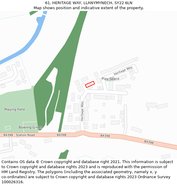 61, HERITAGE WAY, LLANYMYNECH, SY22 6LN: Location map and indicative extent of plot