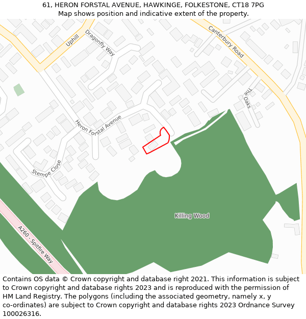 61, HERON FORSTAL AVENUE, HAWKINGE, FOLKESTONE, CT18 7PG: Location map and indicative extent of plot