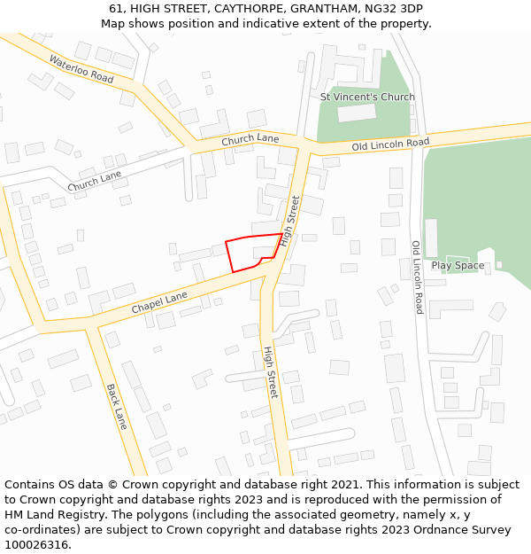 61, HIGH STREET, CAYTHORPE, GRANTHAM, NG32 3DP: Location map and indicative extent of plot