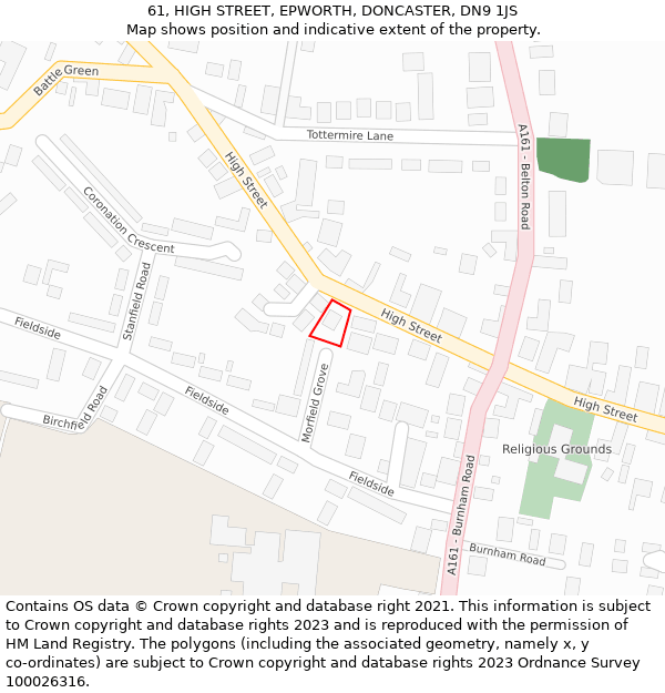 61, HIGH STREET, EPWORTH, DONCASTER, DN9 1JS: Location map and indicative extent of plot