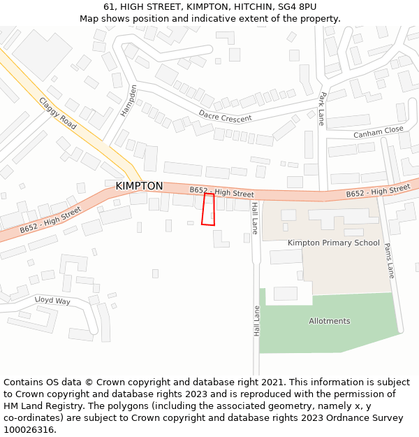 61, HIGH STREET, KIMPTON, HITCHIN, SG4 8PU: Location map and indicative extent of plot