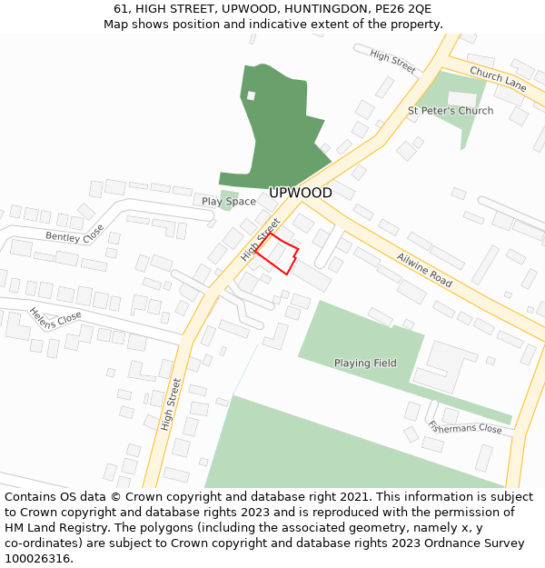 61, HIGH STREET, UPWOOD, HUNTINGDON, PE26 2QE: Location map and indicative extent of plot