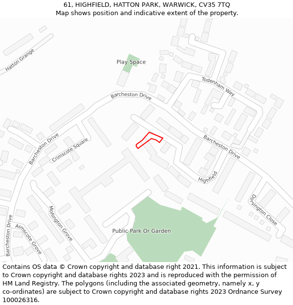 61, HIGHFIELD, HATTON PARK, WARWICK, CV35 7TQ: Location map and indicative extent of plot