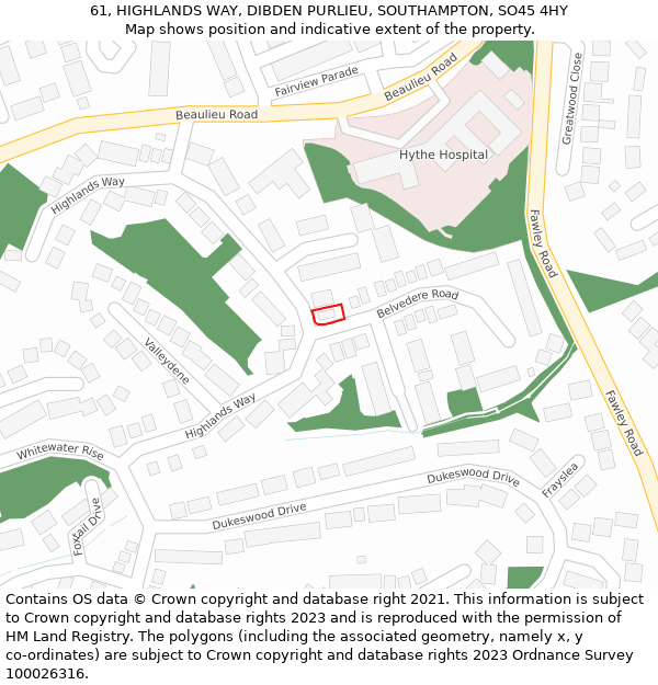 61, HIGHLANDS WAY, DIBDEN PURLIEU, SOUTHAMPTON, SO45 4HY: Location map and indicative extent of plot