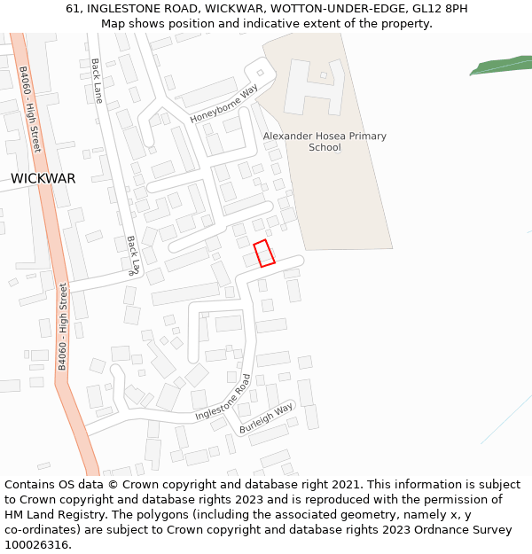 61, INGLESTONE ROAD, WICKWAR, WOTTON-UNDER-EDGE, GL12 8PH: Location map and indicative extent of plot