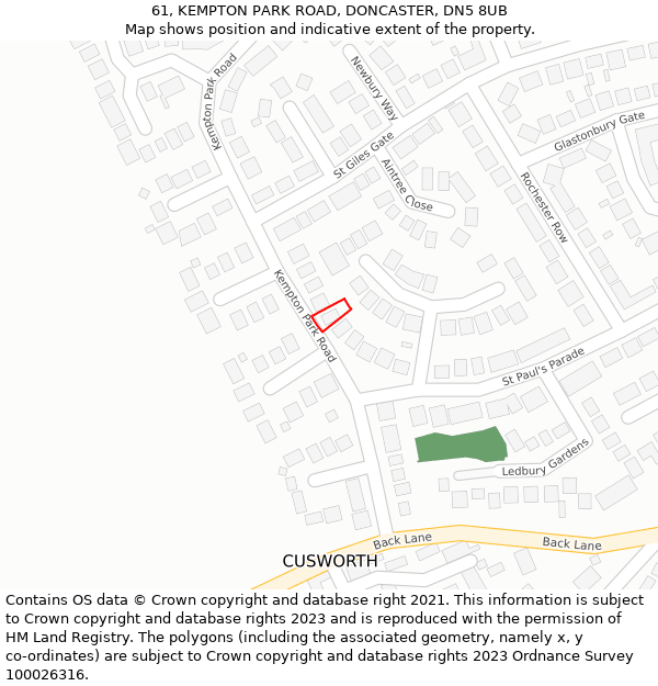 61, KEMPTON PARK ROAD, DONCASTER, DN5 8UB: Location map and indicative extent of plot