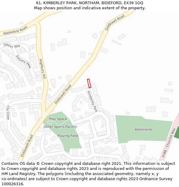 61, KIMBERLEY PARK, NORTHAM, BIDEFORD, EX39 1GQ: Location map and indicative extent of plot