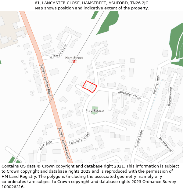 61, LANCASTER CLOSE, HAMSTREET, ASHFORD, TN26 2JG: Location map and indicative extent of plot