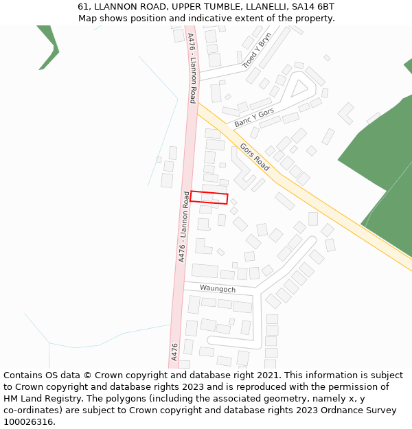 61, LLANNON ROAD, UPPER TUMBLE, LLANELLI, SA14 6BT: Location map and indicative extent of plot