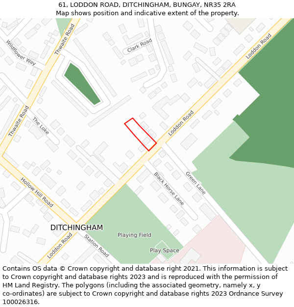 61, LODDON ROAD, DITCHINGHAM, BUNGAY, NR35 2RA: Location map and indicative extent of plot