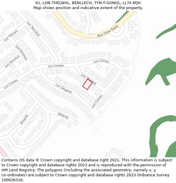 61, LON THELWAL, BENLLECH, TYN-Y-GONGL, LL74 8QH: Location map and indicative extent of plot