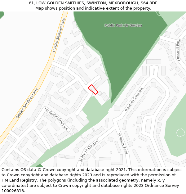 61, LOW GOLDEN SMITHIES, SWINTON, MEXBOROUGH, S64 8DF: Location map and indicative extent of plot