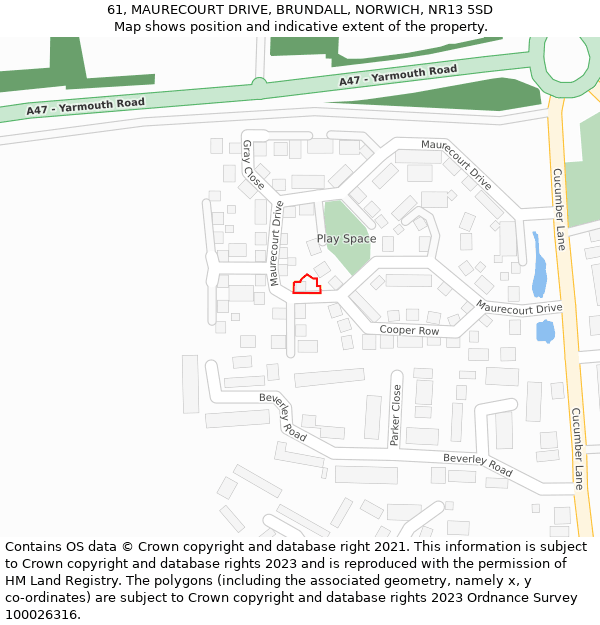 61, MAURECOURT DRIVE, BRUNDALL, NORWICH, NR13 5SD: Location map and indicative extent of plot