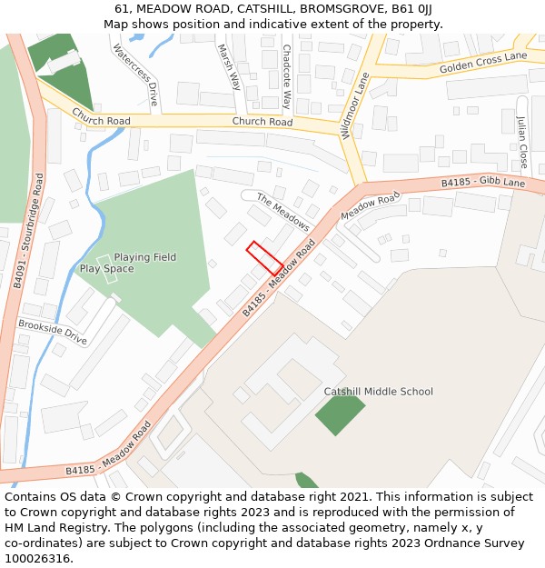 61, MEADOW ROAD, CATSHILL, BROMSGROVE, B61 0JJ: Location map and indicative extent of plot