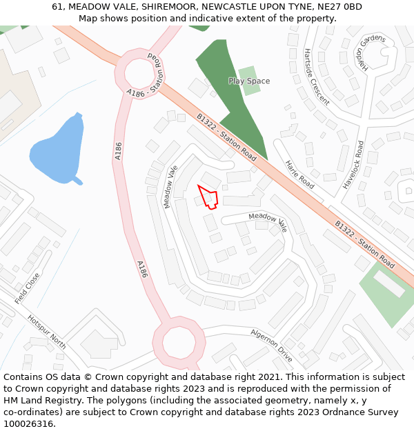 61, MEADOW VALE, SHIREMOOR, NEWCASTLE UPON TYNE, NE27 0BD: Location map and indicative extent of plot