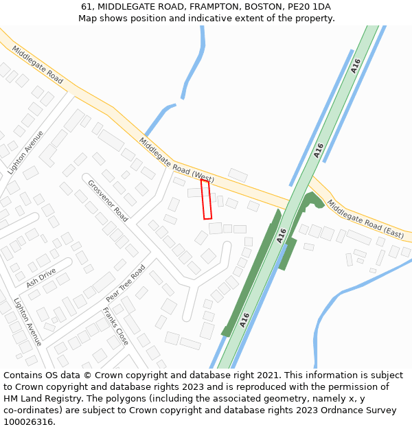 61, MIDDLEGATE ROAD, FRAMPTON, BOSTON, PE20 1DA: Location map and indicative extent of plot