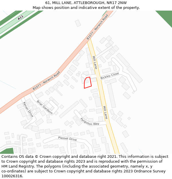 61, MILL LANE, ATTLEBOROUGH, NR17 2NW: Location map and indicative extent of plot