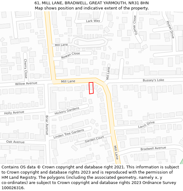 61, MILL LANE, BRADWELL, GREAT YARMOUTH, NR31 8HN: Location map and indicative extent of plot