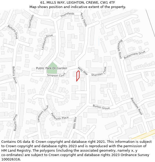 61, MILLS WAY, LEIGHTON, CREWE, CW1 4TF: Location map and indicative extent of plot