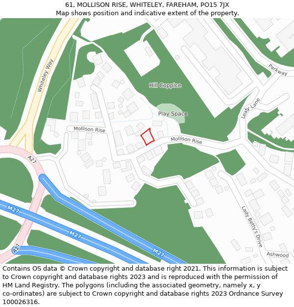 61, MOLLISON RISE, WHITELEY, FAREHAM, PO15 7JX: Location map and indicative extent of plot