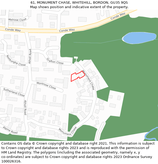 61, MONUMENT CHASE, WHITEHILL, BORDON, GU35 9QS: Location map and indicative extent of plot