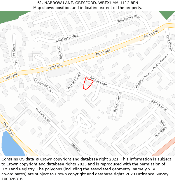 61, NARROW LANE, GRESFORD, WREXHAM, LL12 8EN: Location map and indicative extent of plot