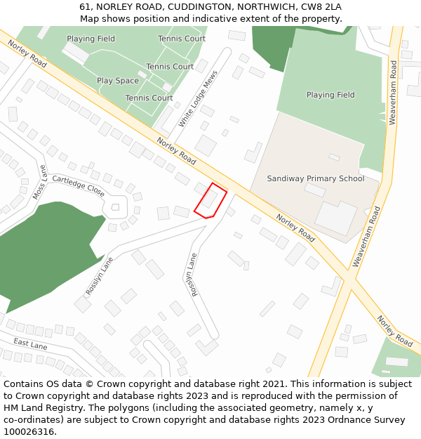 61, NORLEY ROAD, CUDDINGTON, NORTHWICH, CW8 2LA: Location map and indicative extent of plot