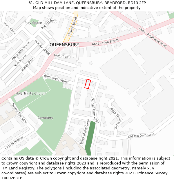 61, OLD MILL DAM LANE, QUEENSBURY, BRADFORD, BD13 2FP: Location map and indicative extent of plot