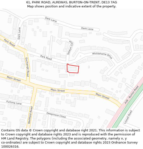 61, PARK ROAD, ALREWAS, BURTON-ON-TRENT, DE13 7AG: Location map and indicative extent of plot