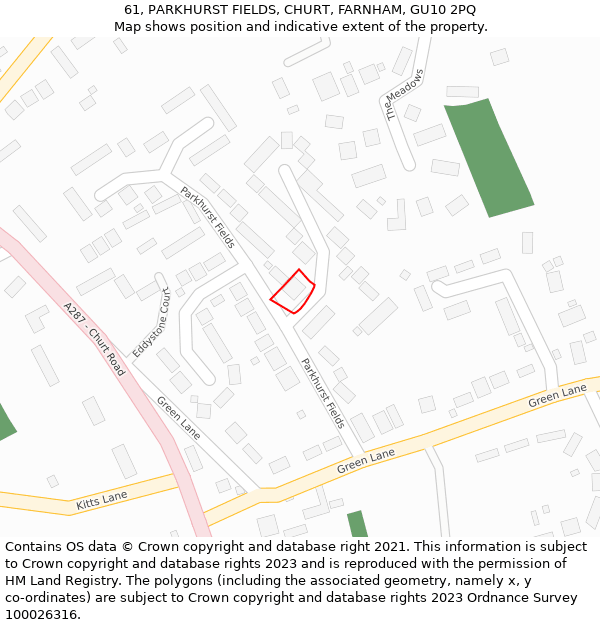 61, PARKHURST FIELDS, CHURT, FARNHAM, GU10 2PQ: Location map and indicative extent of plot