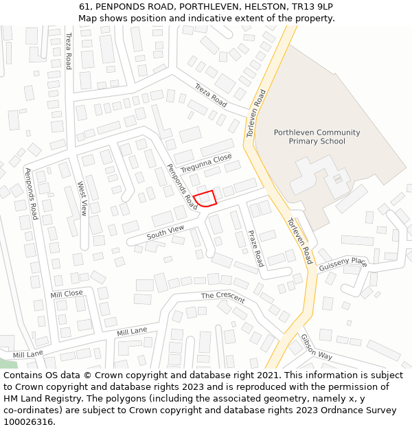 61, PENPONDS ROAD, PORTHLEVEN, HELSTON, TR13 9LP: Location map and indicative extent of plot