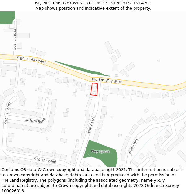 61, PILGRIMS WAY WEST, OTFORD, SEVENOAKS, TN14 5JH: Location map and indicative extent of plot