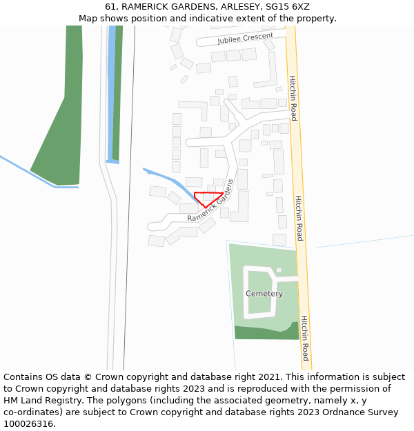 61, RAMERICK GARDENS, ARLESEY, SG15 6XZ: Location map and indicative extent of plot