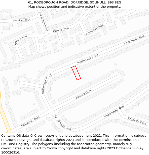 61, RODBOROUGH ROAD, DORRIDGE, SOLIHULL, B93 8EG: Location map and indicative extent of plot