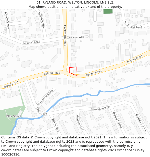 61, RYLAND ROAD, WELTON, LINCOLN, LN2 3LZ: Location map and indicative extent of plot