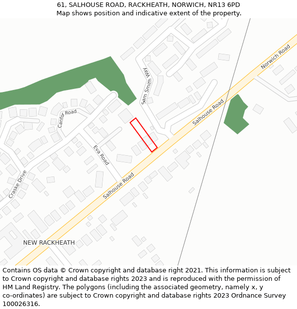 61, SALHOUSE ROAD, RACKHEATH, NORWICH, NR13 6PD: Location map and indicative extent of plot