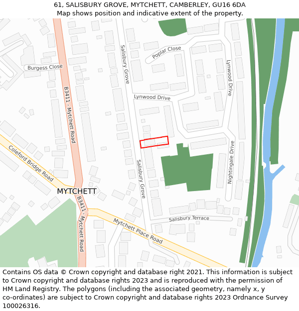 61, SALISBURY GROVE, MYTCHETT, CAMBERLEY, GU16 6DA: Location map and indicative extent of plot