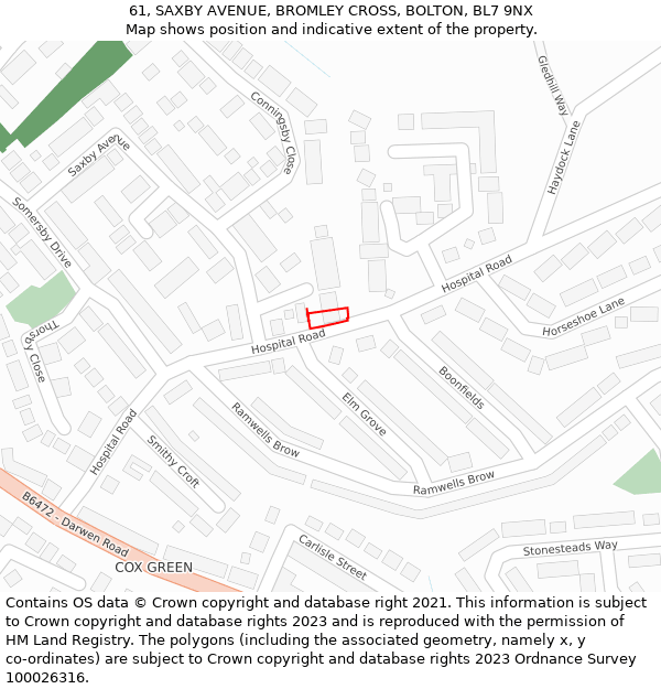 61, SAXBY AVENUE, BROMLEY CROSS, BOLTON, BL7 9NX: Location map and indicative extent of plot