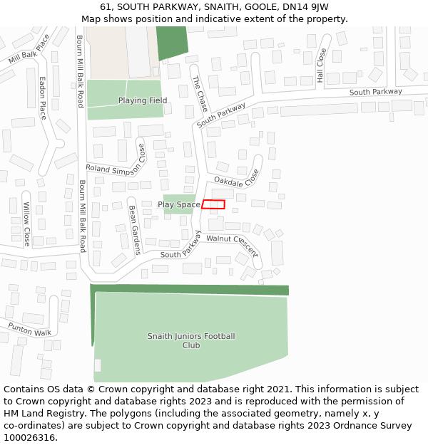 61, SOUTH PARKWAY, SNAITH, GOOLE, DN14 9JW: Location map and indicative extent of plot