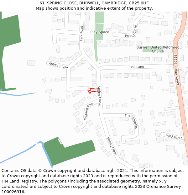 61, SPRING CLOSE, BURWELL, CAMBRIDGE, CB25 0HF: Location map and indicative extent of plot