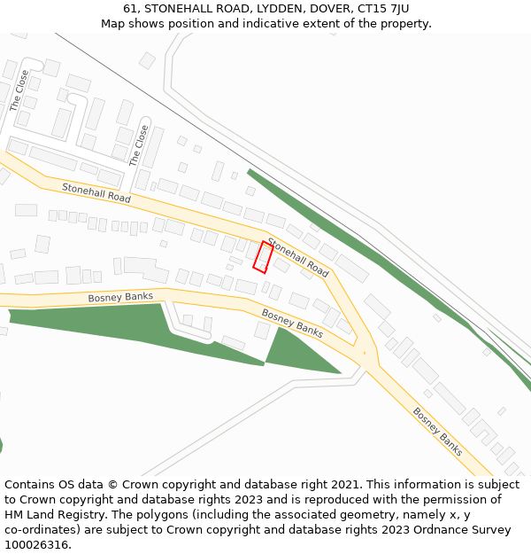 61, STONEHALL ROAD, LYDDEN, DOVER, CT15 7JU: Location map and indicative extent of plot