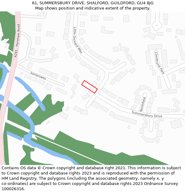 61, SUMMERSBURY DRIVE, SHALFORD, GUILDFORD, GU4 8JG: Location map and indicative extent of plot