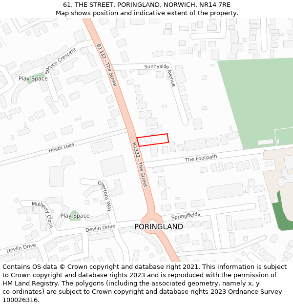 61, THE STREET, PORINGLAND, NORWICH, NR14 7RE: Location map and indicative extent of plot