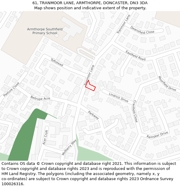 61, TRANMOOR LANE, ARMTHORPE, DONCASTER, DN3 3DA: Location map and indicative extent of plot