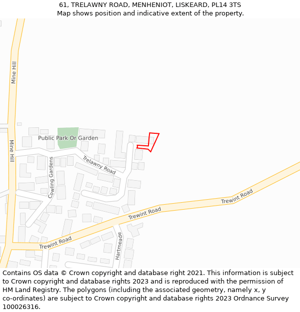 61, TRELAWNY ROAD, MENHENIOT, LISKEARD, PL14 3TS: Location map and indicative extent of plot