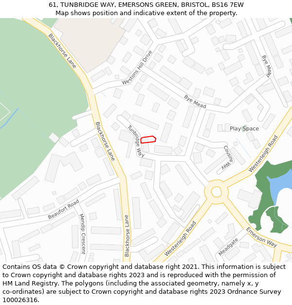 61, TUNBRIDGE WAY, EMERSONS GREEN, BRISTOL, BS16 7EW: Location map and indicative extent of plot