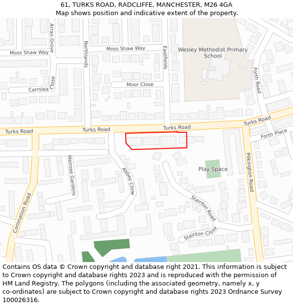 61, TURKS ROAD, RADCLIFFE, MANCHESTER, M26 4GA: Location map and indicative extent of plot