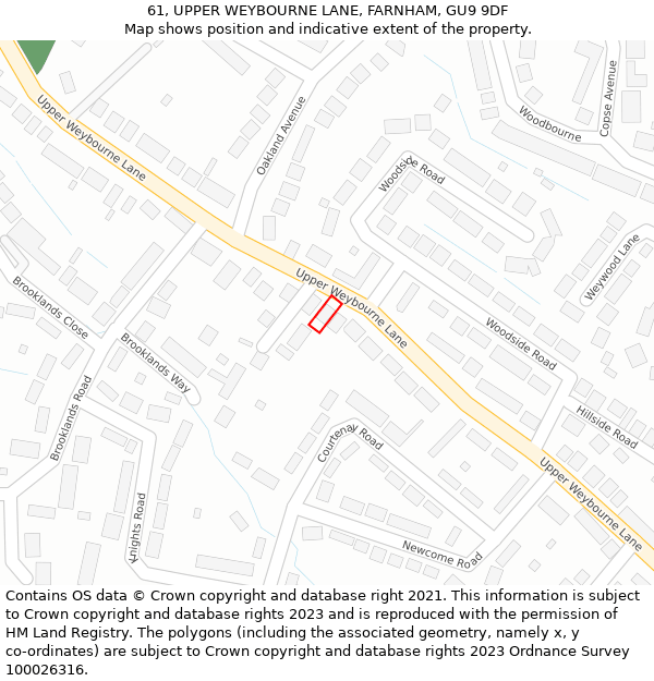 61, UPPER WEYBOURNE LANE, FARNHAM, GU9 9DF: Location map and indicative extent of plot